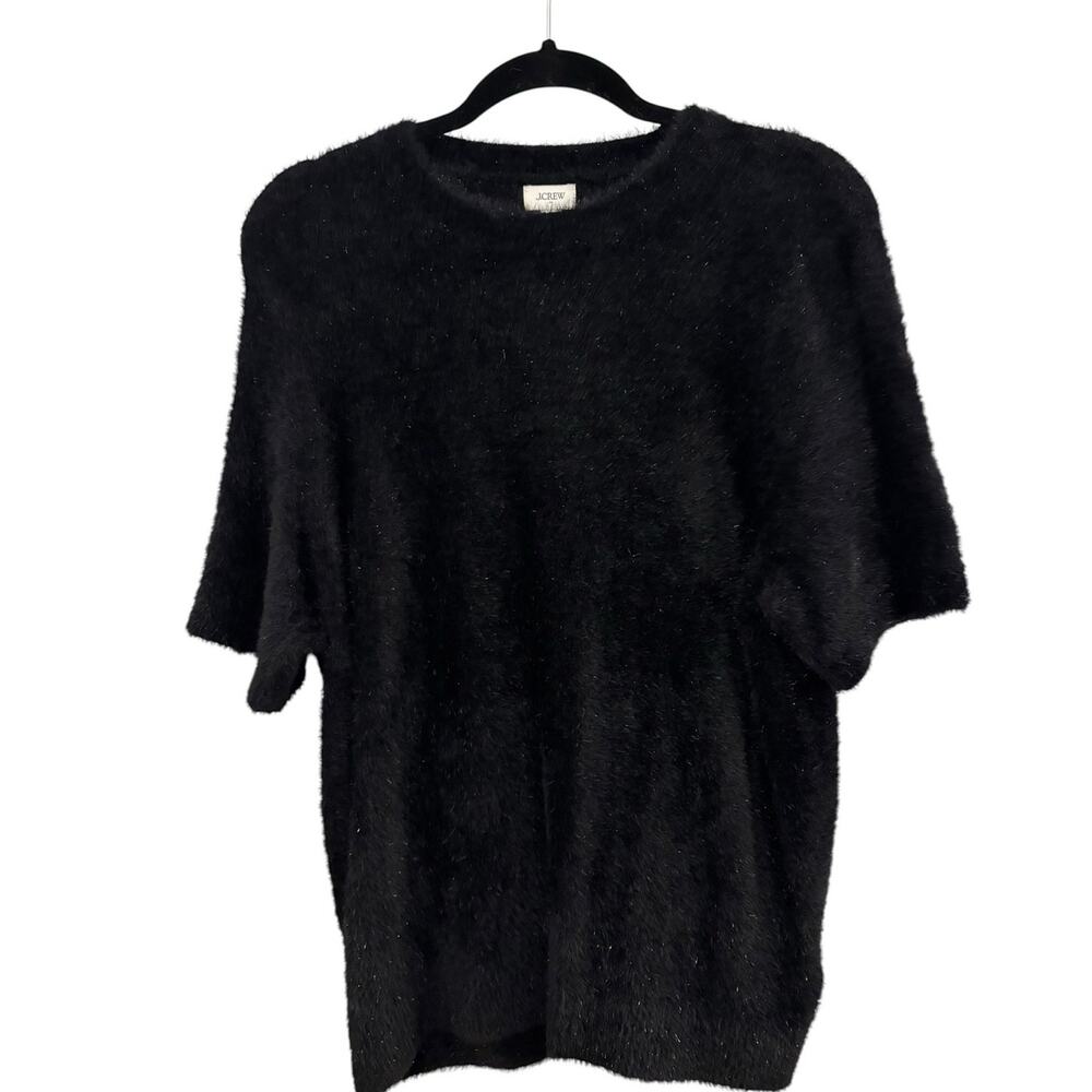 J Crew Factory Black Tinsel Short Sleeve Sweater Plush L Soft Sparkly Holidays